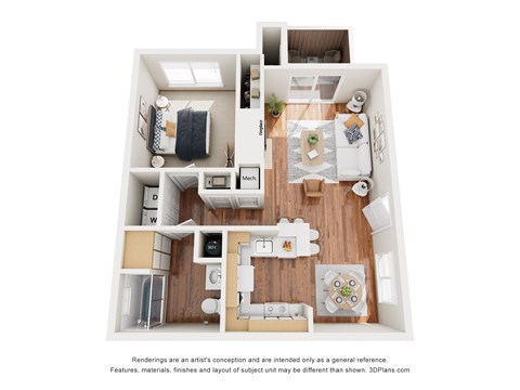 Floor plan for 1 bed, 1 bath, 729 sqft